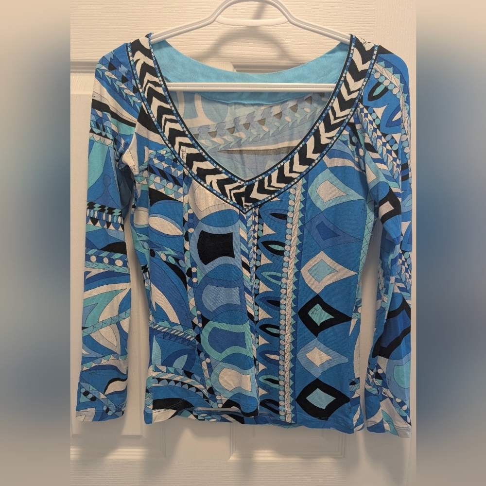Emilio Pucci Blue and Black Geometric Top